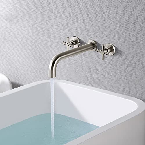 Sumerain Tub Faucet Brushed Nickel Wall Mount Tub Filler High Flow Bathtub Faucet With Rough In Valve, Extra Long Spout #TOP2