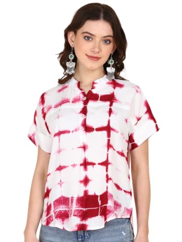 Image of Maaesa Women Handmade Regular Fit Tie-Dye Rayon Top | Casual Wear & Office Wear | Short Sleeve | Mandarin Neck | Lightweight & Breathable Fabric