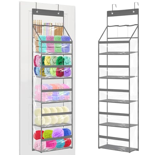 Image of Hanging Yarn Storage Organizer - Over the Door Crochet Organizer Shelves with 5 Yarn Pockets & 3 Top Knitting Needle Pockets, Large Capacity Clear Yarn ball Holder