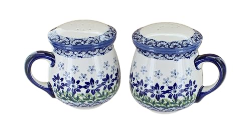 Blue Rose Polish Pottery - Blue Hallsey Salt & Pepper Shakers with Handles - 3.75" Tall - Hand-Painted Ceramic Seasoning Set for Table & Kitchen