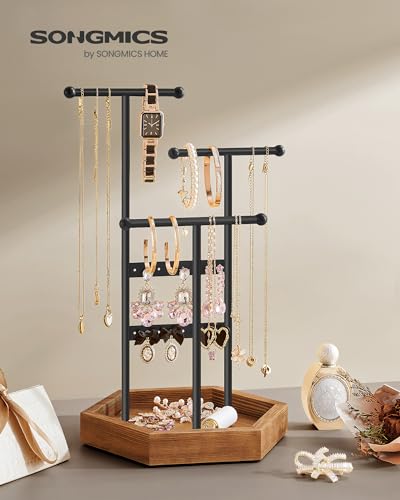 SONGMICS Porte-bijoux, Organisateur de Bijoux, 4 Zones Indépendantes, Support Accessoires, en Métal, pour Colliers, Bracelets, Boucles d'oreilles, Bagues, Noir et Marron Chameau JJS03CB