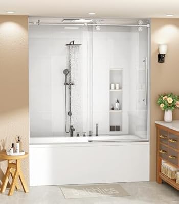 Bathbliss Tub Shower Door 56 1/8"-60"X60"H,Frameless Sliding Bathtub Glass Door with 5/16"(8mm) Tempered Glass Brushed Nickel