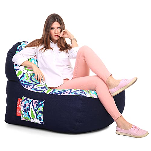 Image of Style Homez Urban Design Denim Canvas Floral Printed Chair Bean Bag XXL Size Filled with Beans Fillers