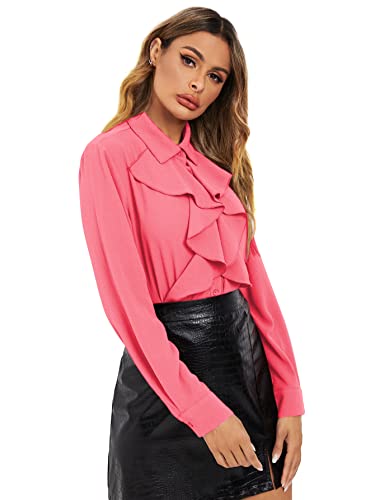 SheIn Women's Long Sleeve Button Down Lotus Ruffled Work Shirt Chiffon Blouse Tops Plain Pink Large - Thumbnail 3