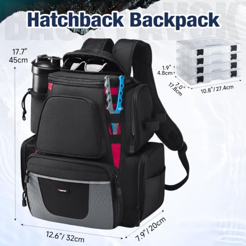 Image of Piscifun Fishing Tackle Backpack with 2 Rod Holders, 4 Boxes & Rain Cover