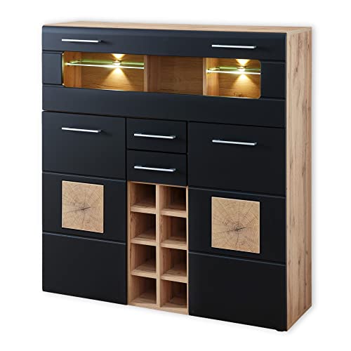 Stella Trading SONATE Barschrank in Eiche Altholz Optik, Schwarz - Modernes Highboard mit Flaschenregal und LED-Beleuchtung - 120 x 128 x 37 cm (B/H/T)