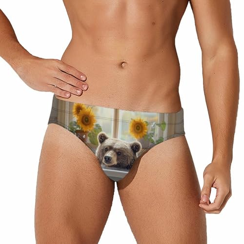 Funny Bear Bathroom Sunflower Men's Swimming Trunks Briefs Beach Swimwear Low Rise Bikini Swimsuit Print Bathing Suit