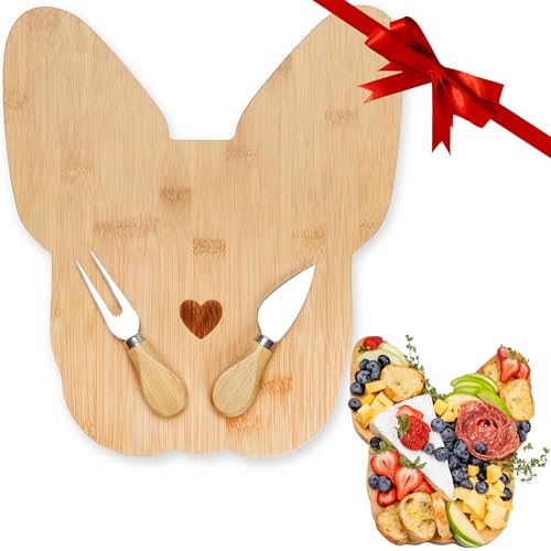 Monstera Home - Polished Bamboo Frenchie Cheese Board/Cutting Board Set w/Matching Knife & Fork - 12.2