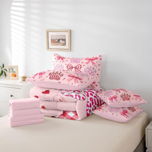 Image of Pink Bowknot King Bedding Sets 7 Pieces Girly Bow Love Romantic Style Comforter Set Heart Leopard Print Paw Prints Bedroom Decor Comforter,Flat Sheet,Fitted Sheet,2 Pillowcases,2 Pillow Covers