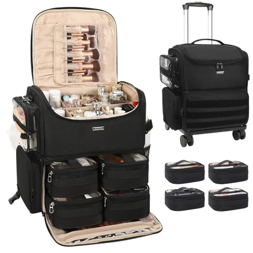 Relavel Rolling Makeup Case, Professional Makeup Artist Set Bag Cosmetic Organizer with 4 Clear Bags & Adjustable Dividers, Large Capacity Travel Train Case, Black