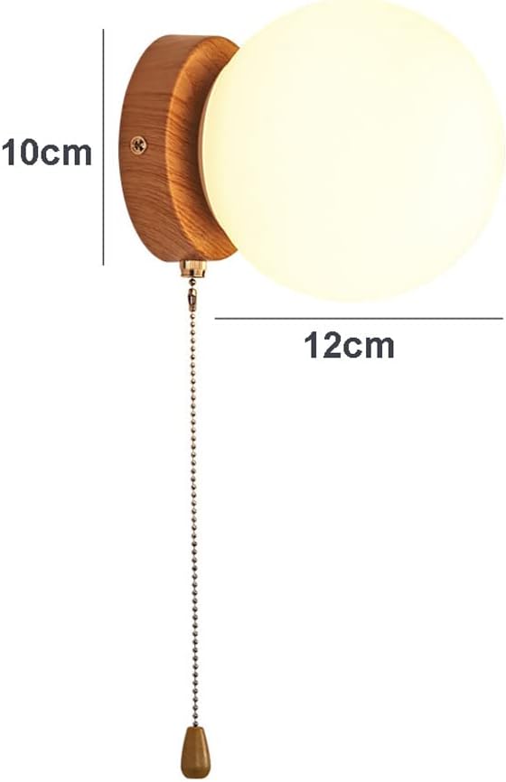 Globe Wall Sconce White Glass Wall Mount Light with Pull Chain Switch, Modern Wood Pattern Wall Lamp G9 Headboard Reading Lights for Bedroom Bedside Living Room Corridor