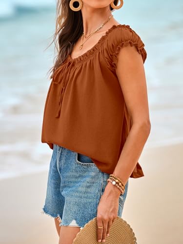 Image of Tankaneo Women Summer Tie Front Tank Tops Cap Sleeve Pleated Babydoll Tops Casual Loose Fit Going Out Flowy Shirt