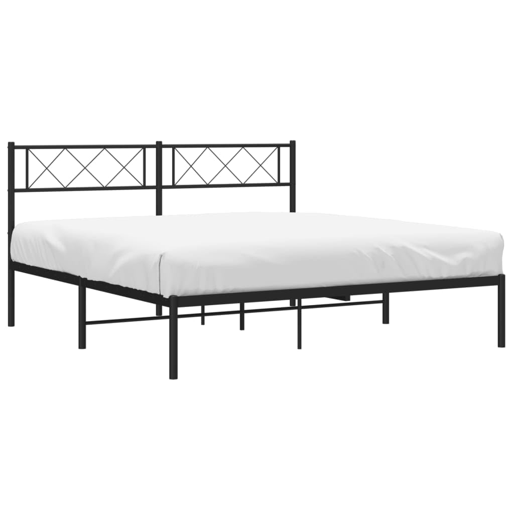 140x190 cm Black Metal Bed Frame with Headboard | Includes a supportive steel slat platform and under-bed storage space for bedroom or guest room use.