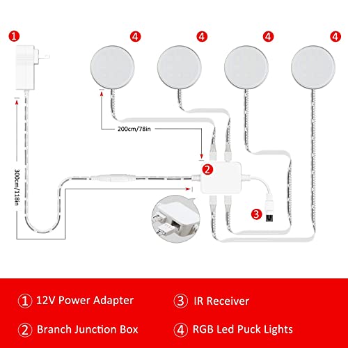 Image of MYPLUS Under Cabinet Lighting Kit, RGB Puck Lights with Remote Control Color Changing and Bright LEDs,12V, 7.5W Plug-in Wired led Lighting kit for Cabinet, Counter, Closet, Shelf, Display Case