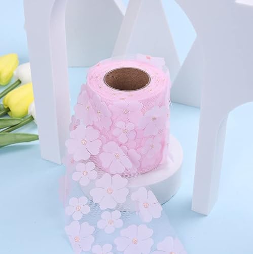 Flowers Tulle Rolls Printed Mesh Fabric Supplies Tulle Daisy Flower Sewing Crafting Fabric Gift Ribbon Mesh Lace Rolls(Pink) #TOP4