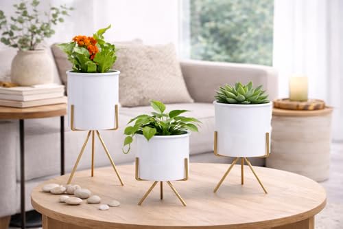 Image of Planters for Indoor Planters Indoor Plant Stands with Pots (White /Gold (Short Stands) Set of 3)