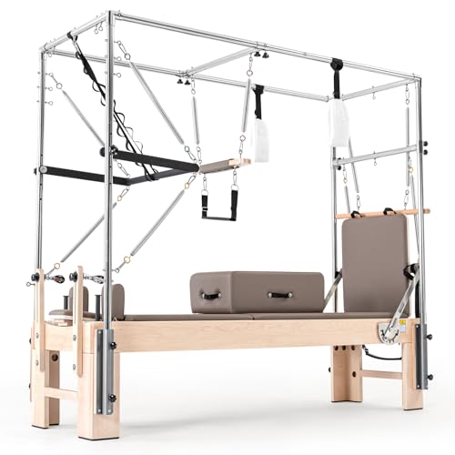 Pilates Cadillac Reformer Kit – Premium Maple Machine with Reformer Box, Jump Board & Adjustable Resistance, Smooth Glide for Home or Studio, Mocha