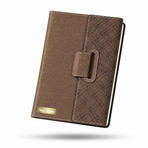 Image of FoldBook Personalized A5 Notebook with Magnetic Flap Closure, Premium Leather Pattern Design, 192 Pages 80 GSM Paper, Bookmark Ribbon, Custom Name Print Journal Diary, Brown