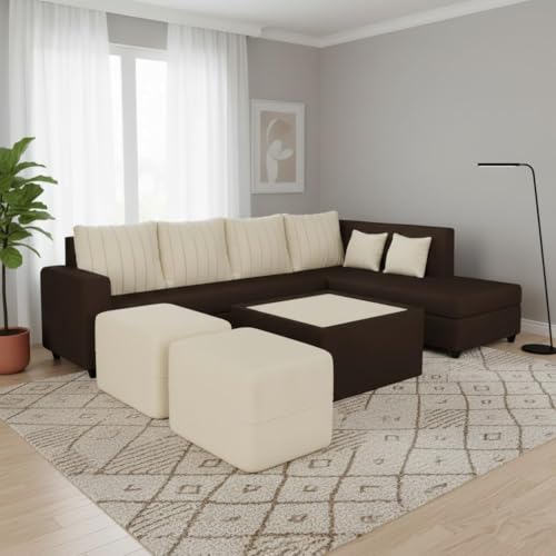 Image of CASASTYLE Stylano 8 Seater Fabric RHS L Shape Sofa Set with 1 Centre Table & 2 Ottoman (Cream-Dark Brown) 8 Person Seating with Premium Velvet Finish | Ideal for Living Room