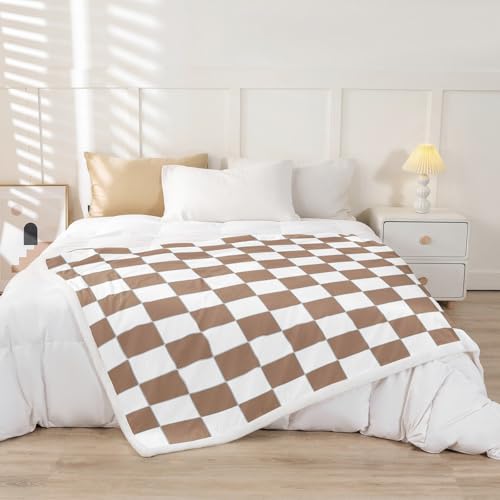 Image of Erosebridal Geometric Checkered Sherpa Blanket White Khaki Checkerboard Grid Fleece Bed Blanket Queen 90 inchX90 inch,Buffalo Plaid Gingham Throw Blanket for Kids Adults Men Geometrical Fuzzy Blanket