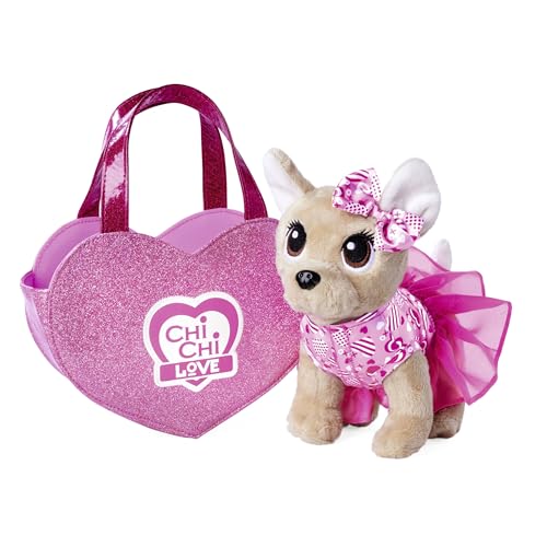 Simba Chihuahua 105890055 Chihuahua en Peluche avec Jolie Robe et nœud dans Un Sac en Forme de cœur pailleté, 20 cm, à partir de 3 Ans