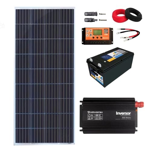 Kit Off-Grid de Energia Solar 150W com Inversor 300W, Bateria 234Ah, Controlador de Carga