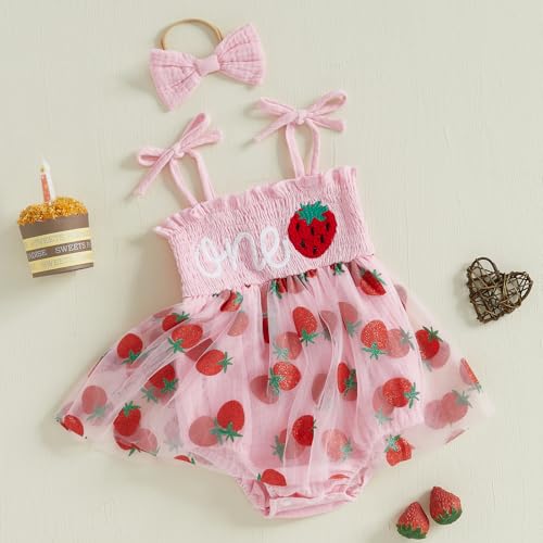 Baby Girl First Birthday Outfit Sleeveless Romper Dress Strawberry Ruffle Tulle Tutu Headband Cake Smash Clothes3