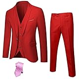 Hihawk Men's 3 Piece Suit with Stretch Fabric, Solid Slim Fit One Button Suit Blazer Set, Jacket Vest Pants with Tie. Red XX-Large