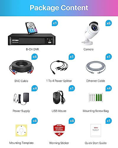Zosi 1080P Home Security Camera System Outdoor Indoor, H.265+ 5Mp Lite Cctv Dvr Recorder 8 Channel With Hard Drive 1Tb And 6 X 1080P Weatherproof Surveillance Bullet Camera, 80Ft Night Vision #TOP7