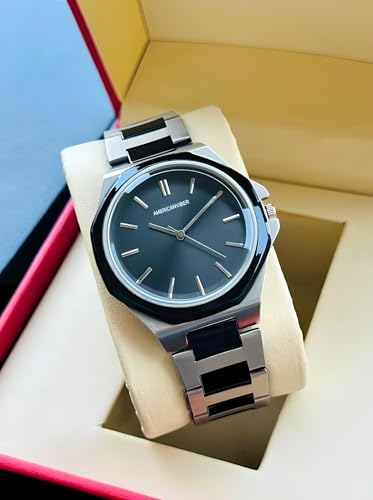 Image of AMERICANVIBER Modern Analog Watch, Silver and Black Two-Tone Stainless Steel Band, Octagonal Case, White Dial for Men