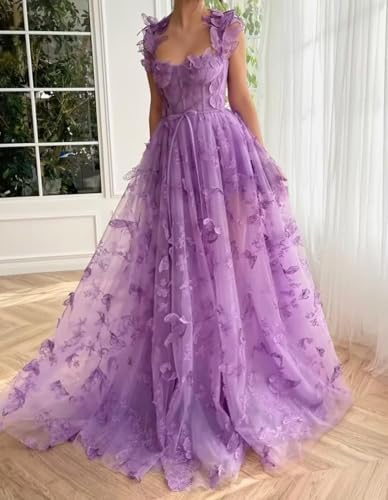 Women's 3D Butterfly Tulle Prom Dress Lace Applique Sweetheart Long Slit Formal Evening Gown4