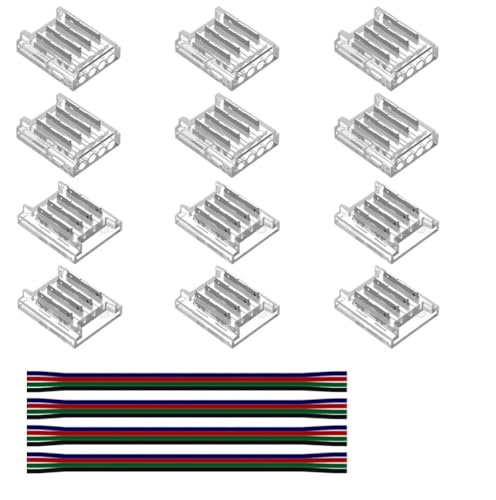 12 Pièces Connecteur LED à 4 Broches 10mm avec 4 Câbles Extension 22 AWG pour Ruban RGB 5050 SMD Streifen Steckverbinder Set 12V/24V Sans Soudure Extension...