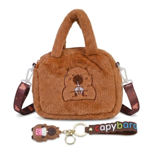 Capybara Plüsch Umhängetasche Mädchen, 18x18cm Braune Kindertasche mit Capybara Sachen Schlüsselanhänger, Süße Handtasche Kinder für Alltag und Reise