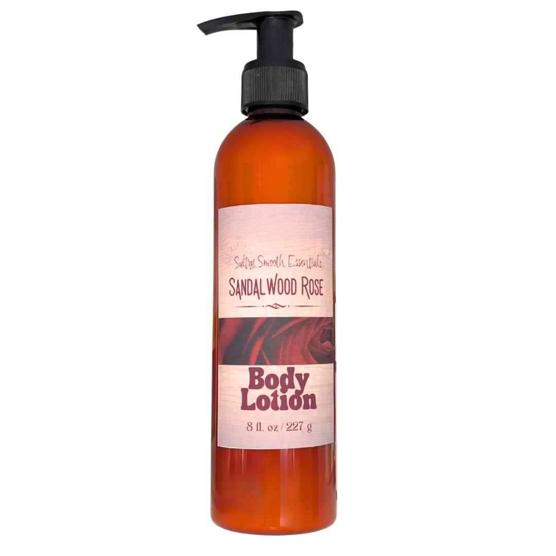 Sandalwood Rose Body Lotion (8 oz) - Jojoba + Avocado Oils for All-Day Moisture, Exquisite Meditative Sensual Sandalwood + Vintage Rose, Made with Essential Oils, Paraben-Free