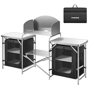 VIVOHOME Folding Camping Kitchen Table with Storage Organizer, 2 Side Tables, Stainless Steel Windscreen, Outdoor Portable Cook Station for BBQ, Picnics