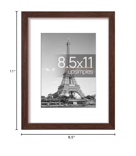 Image of upsimples 8.5x11 Picture Frame, Display Pictures 6x8 with Mat or 8.5x11 Without Mat, Wall Hanging Photo Frame, Brown, 1 Pack