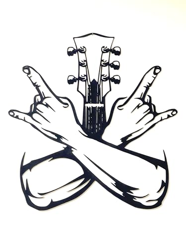 Guitare signe des cornes en bois décoration murale moderne noire 39x41cm cadre pour le salon