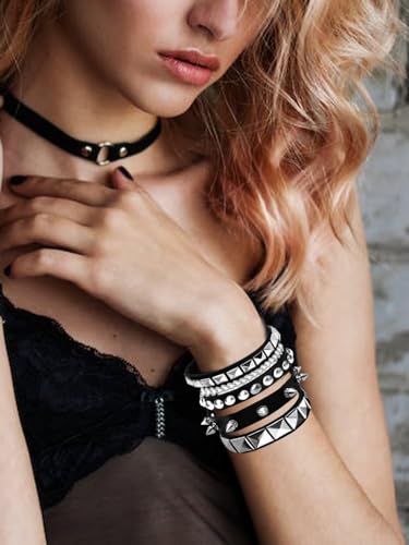 3 Pieces Punk Rock Leather Bracelets for Women Pop 80s 90s Emo Jewelry Accessories Retro Spiked Adjustable Wrap Wrist Cuffs2