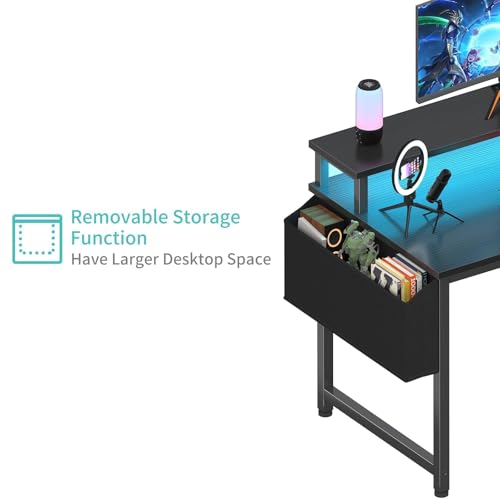 Image of Lufeiya Black Gaming Desk with LED Lights and Power Outlets, 40 Inch Teen Writing Study Table Home Office Desks with Monitor Stand, Computer Desk with Charging Station USB Port, Black