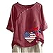Xmiral Independence Day Summer Womens Mezza Manica con Scollo a V Bottone Laterale T-Shirt con Stampa Floreale T-Shirt Casual in Lino Maglia Collo Camicia (L,Rosso)