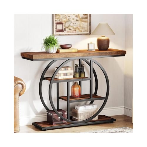 MENGLI-2024 Mesa Consola Mesa Consola, Mesa de Entrada con Base Circular, mesas con estantes de Almacenamiento for Sala de Estar Mesa de Entrada(Rustic Brown)