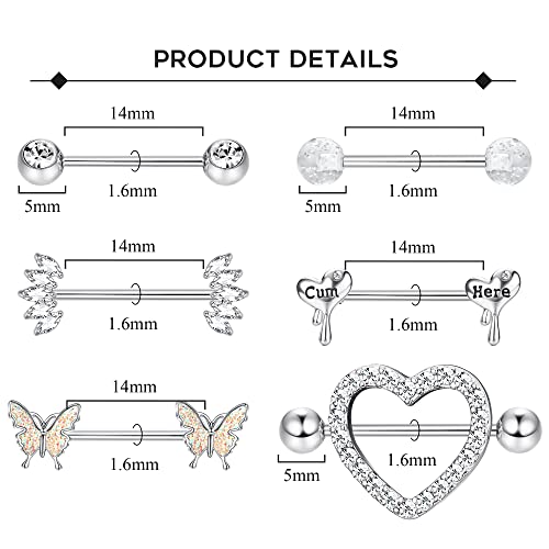 Besteel 8 Pairs Nipple Rings 14G Stainless Steel Nipplerings CZ Heart Butterfly Ball Tongue Barbell Rings Retainer Body Piercing Jewelry for Women2