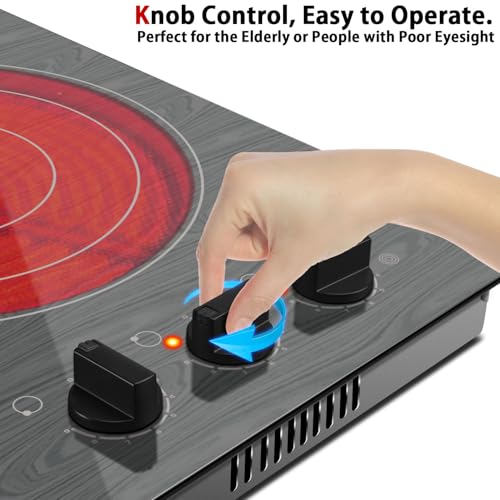 Image of Karinear 24'' Electric Cooktop 3 Burners Ceramic Cooktop,Built-in Electric Stove Top with Beautiful Wooden Pattern, Knob Control, Over-Temperature Protection, 220-240v, 5700W, Hard Wire (No Plug)