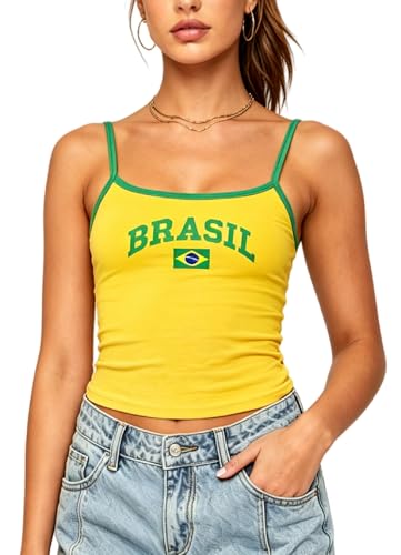 NUFIWI Women Graphic Tank Top Brazil Flag Print Spaghetti Strap Embroidered Crop Tops Sleeveless Cute Baby Tee Y2k Jersey Camisole(Brazil Yellow S)