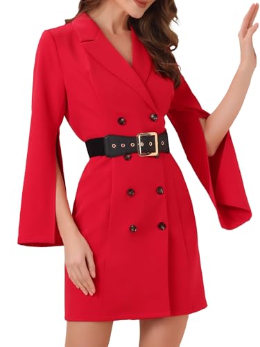 Image of Allegra K Womens Work Dresses Slit Sleeve 2025 Fall Belted Double Breasted Business Blazer Dress Small Red