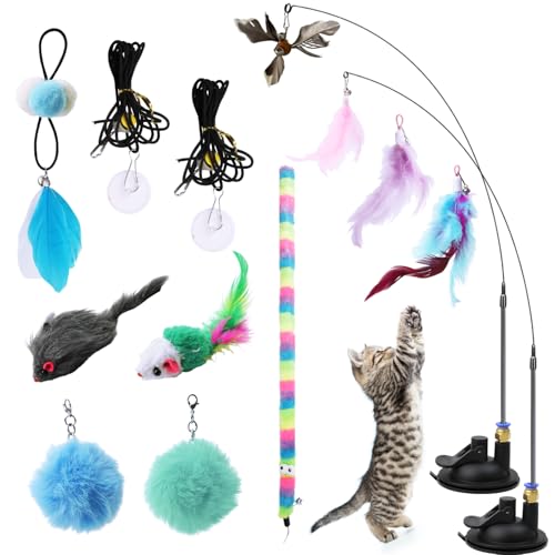 Molirex 16 Pièces Jouet Chat Interactif, Jouet pour Chat Intérieur avec Ventouse, Plumes, Canne à Pêche Chat, Souris, Balles à Pompons