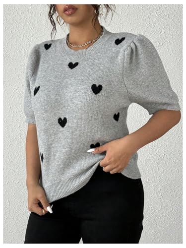WDIRARA Women's Plus Size Heart Print Sweater Puff Short Sleeve Knitwear Ribbed Knit Pullover Tops2