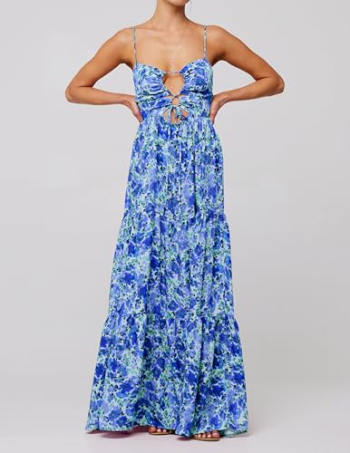 Image of Womens Vintage Floral Long Dress Y2k Spaghetti Strap Tie Back Hollow Out Maxi Dress Summer Beach Party Sundress