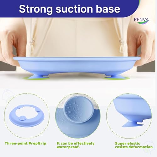 Image of RENVA Stainless Steel Kids Plates Suction Plate for Baby,Divided Toddler Plates with Removable Silicone Sleeves for Mess-Free Feeding, Non-Toxic, Non-Slip (Blue, 1 Plate)
