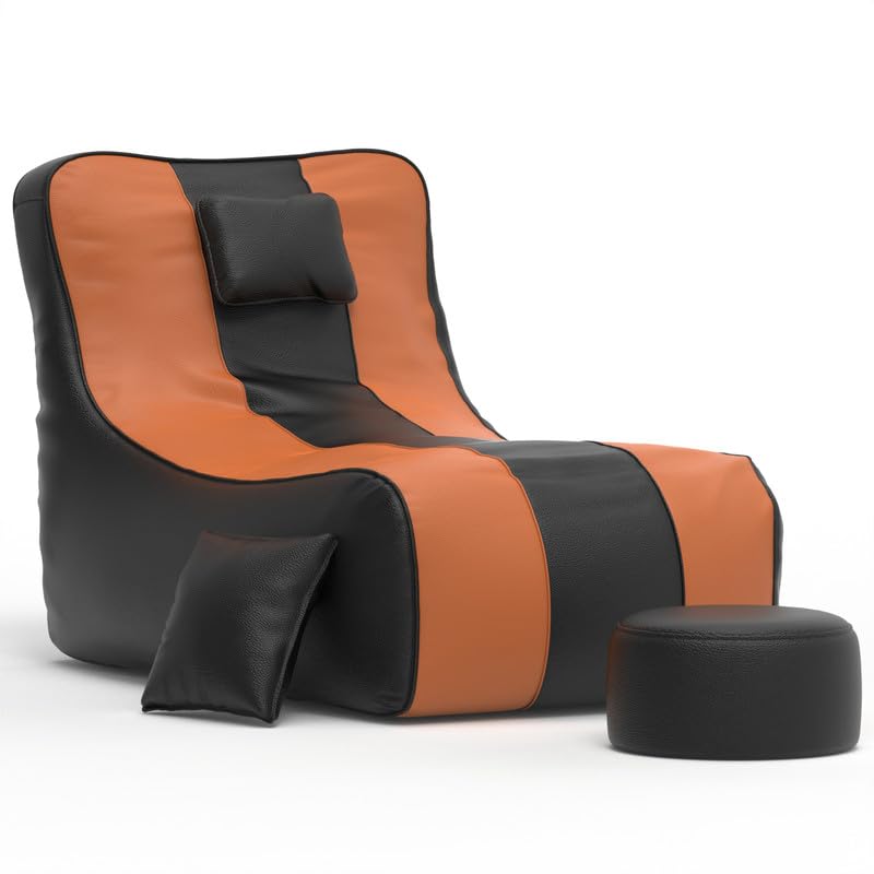 Image of Biggie Bean Bag with Beans Filled 6XL Zuno Lounger-Laziness Pro Max-Crafted for Comfort-Styled for Elegance with Free Cushion & Footrest (Matching Color : Leatherette Black Tan-Brown)